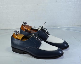 Handmade Navy Blue & White Color Genuine Leather Lace Up Stylish Apron Toe Shoes For Men's