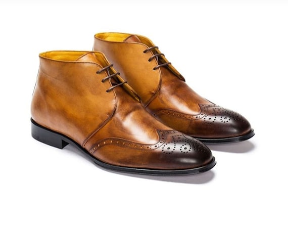 Brown Leather Chukka Boots with Brogue Detailing Handmade Brown Leather Chukka Boots: Wingtip Lace-up Ankle  main image 3