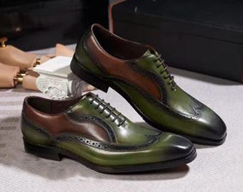 Handmade Brown & Green Color Genuine Leather Wing Tip Lace Up Stylish Shoes For Men's