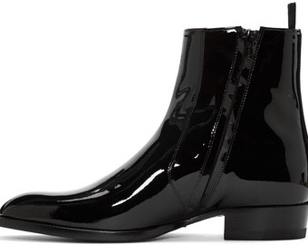Handgefertigte schwarze Farbe aus echtem Lackleder Stilvolle seitliche Reißverschlussstiefel für Herren