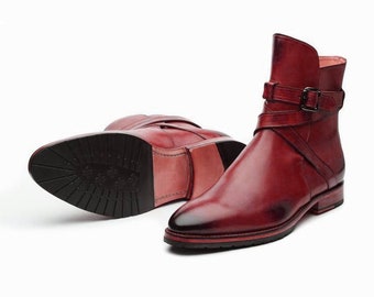 Handgefertigte Jodhpur-Stiefel aus echtem Leder in Burgunderrot mit stilvollen abgerundeten Riemen für Herren