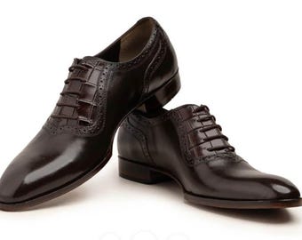 Handmade Black Color Genuine Alligator textured Leather Stylish Lace Up Shoes For Men's