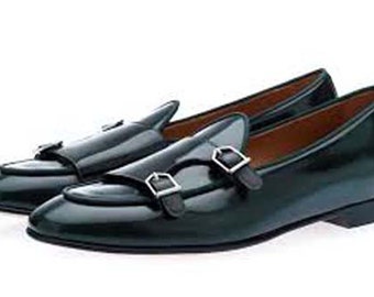 Handmade BLACK Color Genuine Leather Belgian Monk Strap  Stylish Slip-On Shoes For Men&#39;s