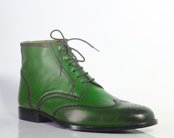Handgefertigte Grüne Farbe Echtes Leder Stilvolle Flügelspitze Brogues Stiefel für Herren