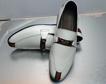 Handmade White  Color Genuine Leather Stylish Horse Bit Loafers Shoes For Men's