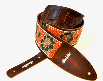 Souldier 'Torpedo' Leather Guitar Strap in Aster Orange & Forest - Personalization Available - FREE SHIPPING