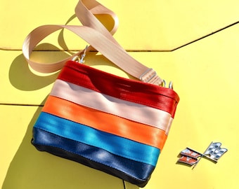 Recycled Seatbelt ‘Betty’ Bag - Red, Tan, Orange, Turquoise, Navy