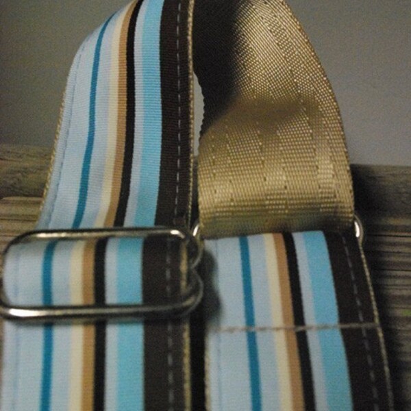 Blue Brown Striped Boardwalk Adjustable Length Custom Camera Strap on Beige Recycled Seatbelt 288