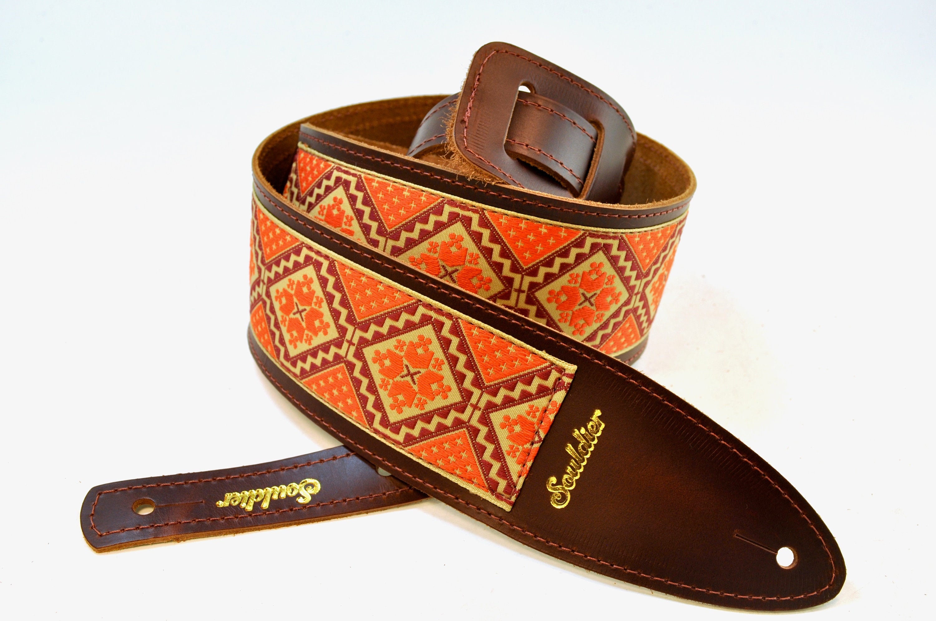 Souldier 'torpedo' Leather Guitar Strap in Rustic Orange Personalization Available FREE SHIPPING
