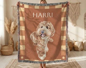 Custom Pet Portrait Woven Blanket, Hand-Drawn Watercolour Dog Name Throw, 100% Cotton