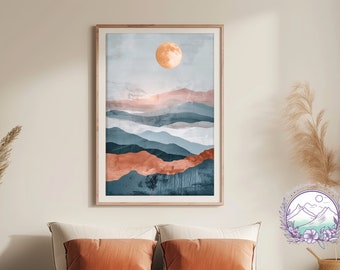 Boho Mountain Moon Art para impressão grande decoração de parede moderna impressão digital colorida arte de paisagem contemporânea | Várias proporções de tamanho disponíveis