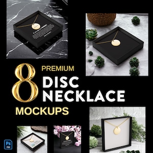 Maqueta de collar de disco, maquetas de collar de monedas, tarjeta de mensaje, colgante de disco, maquetas de impresión propia, plantilla de caja de joyería, editable, alta resolución