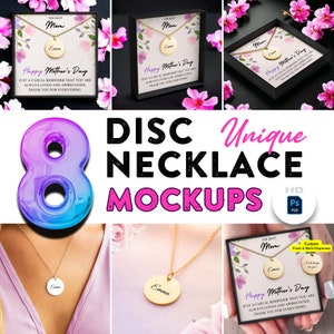 Maqueta de collar de disco, maquetas de collar de monedas, tarjeta de mensaje, colgante de disco, maquetas de impresión propia, plantilla de caja de joyería, editable, alta resolución