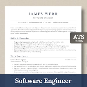 May include: A resume for a Software Engineer named James Webb. The resume highlights his skills and experience in programming languages, web development, database management, cloud technologies, and core competencies. The resume is ATS-friendly, meaning it is formatted in a way that is easily read by Applicant Tracking Systems.
