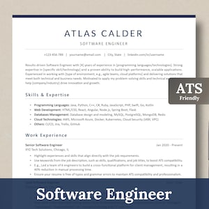 May include: A resume template designed for Applicant Tracking Systems (ATS) compatibility. The template features a modern design with a blue and white color scheme. The resume includes sections for skills and expertise, work experience, and a brief summary of the candidate's qualifications. The text "ATS Friendly" is displayed in a blue box at the top right corner of the page.