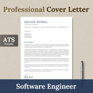 May include: A professional cover letter template for a software engineer. The template includes a sample cover letter with a professional design and layout. The cover letter is addressed to a hiring manager and includes a salutation, introduction, body paragraphs, and closing.