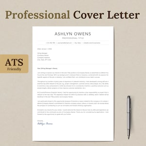 May include: A professional cover letter template with the heading "Professional Cover Letter" and the name "Ashlyn Owens" at the top. The cover letter is addressed to "Dear Hiring Manager Name" and includes a salutation, a brief introduction, and a summary of the applicant's skills and experience. The letter concludes with a closing and the applicant's signature.