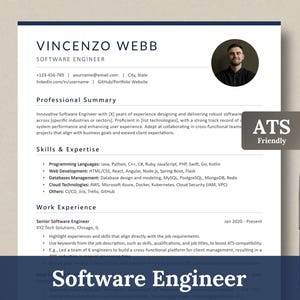 May include: A resume for a Software Engineer named Vincenzo Webb. The resume includes a professional summary, skills and expertise, and work experience. The resume is ATS friendly.