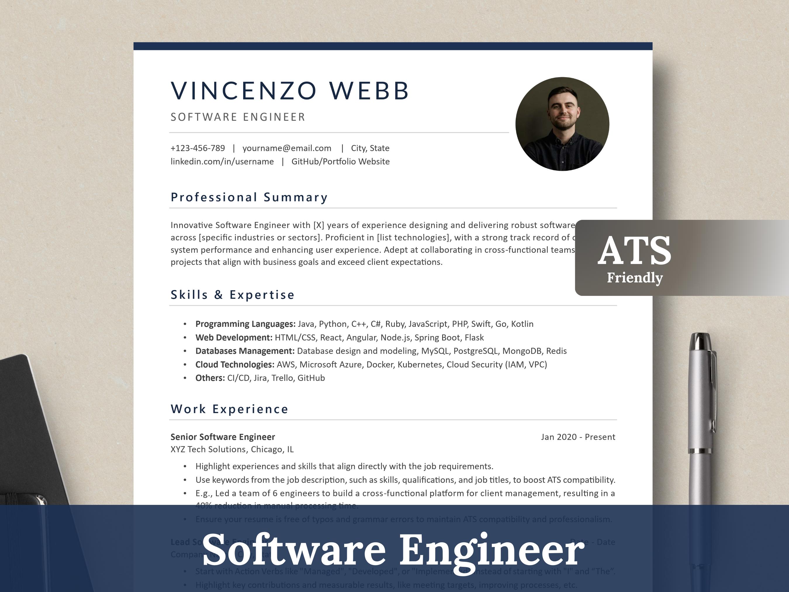 Bester Software-Ingenieur-Lebenslauf mit Foto & Anschreiben, Informatik, Tech-Lebenslauf, Programmierer, ATS-Lebenslauf-Entwickler-Lebenslaufvorlage Word