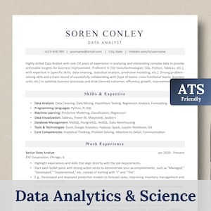 以下が含まれることがあります： ソーレン・コンリーというデータアナリストの履歴書。この履歴書は、データ分析、データマイニング、機械学習、データベース管理におけるスキルと経験を強調しています。また、連絡先情報とコアコンピテンシーに関するセクションも含まれています。