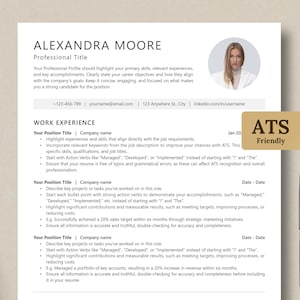 May include: A professional resume template featuring the name "ALEXANDRA MOORE" and a headshot. The document includes sections for professional title, work experience, and contact information. The resume is ATS-friendly, with a pen resting on the side.