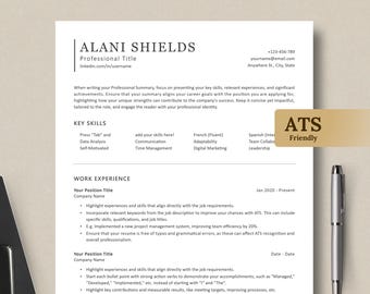 May include: A black and white resume template with the title "Alani Shields" and the text "ATS Friendly" in a gold box. The resume includes sections for key skills and work experience.