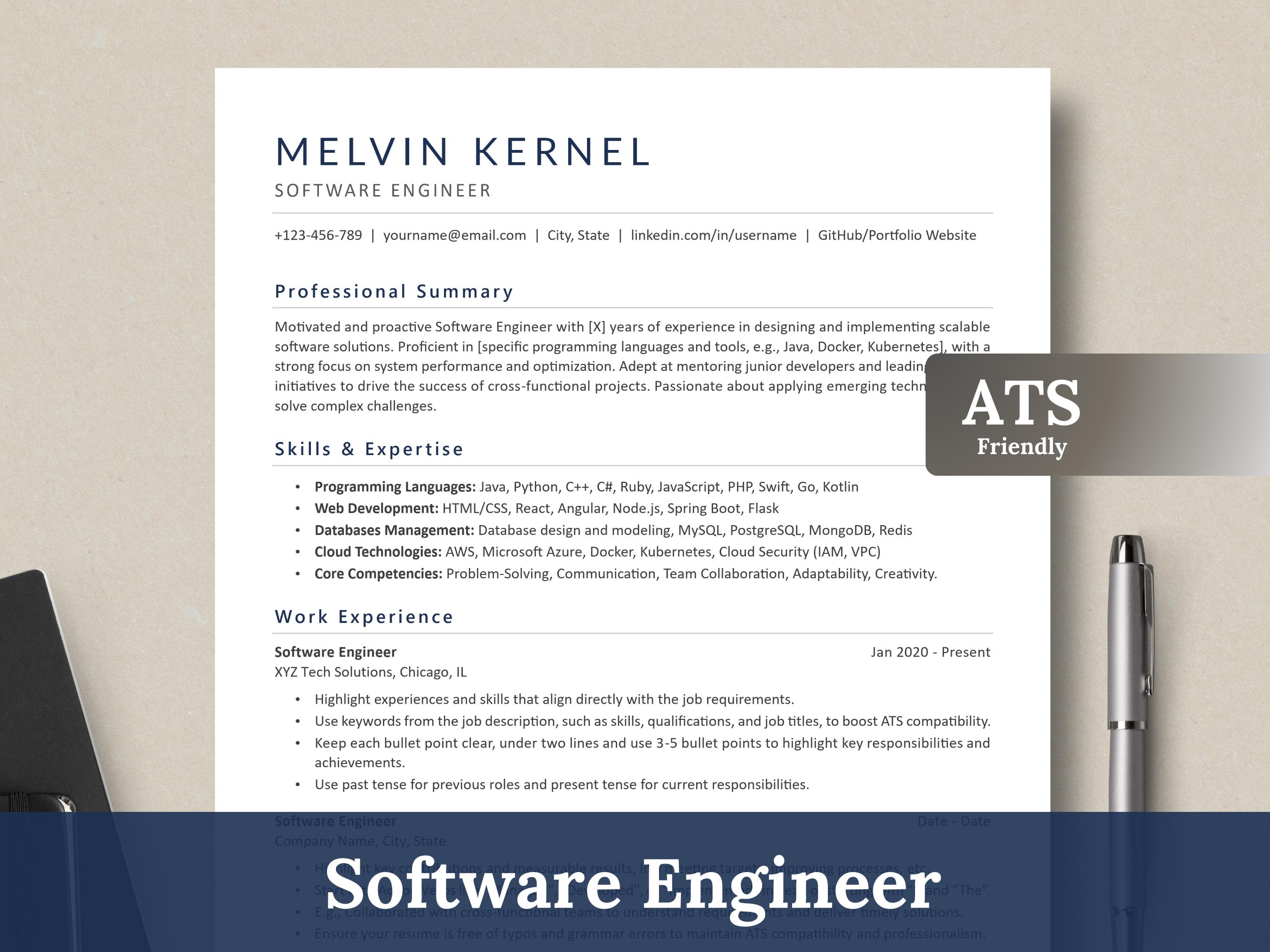 Visual Ats Engineer ATS Friendly Software Engineer Resume Template: Professional CV (word ...