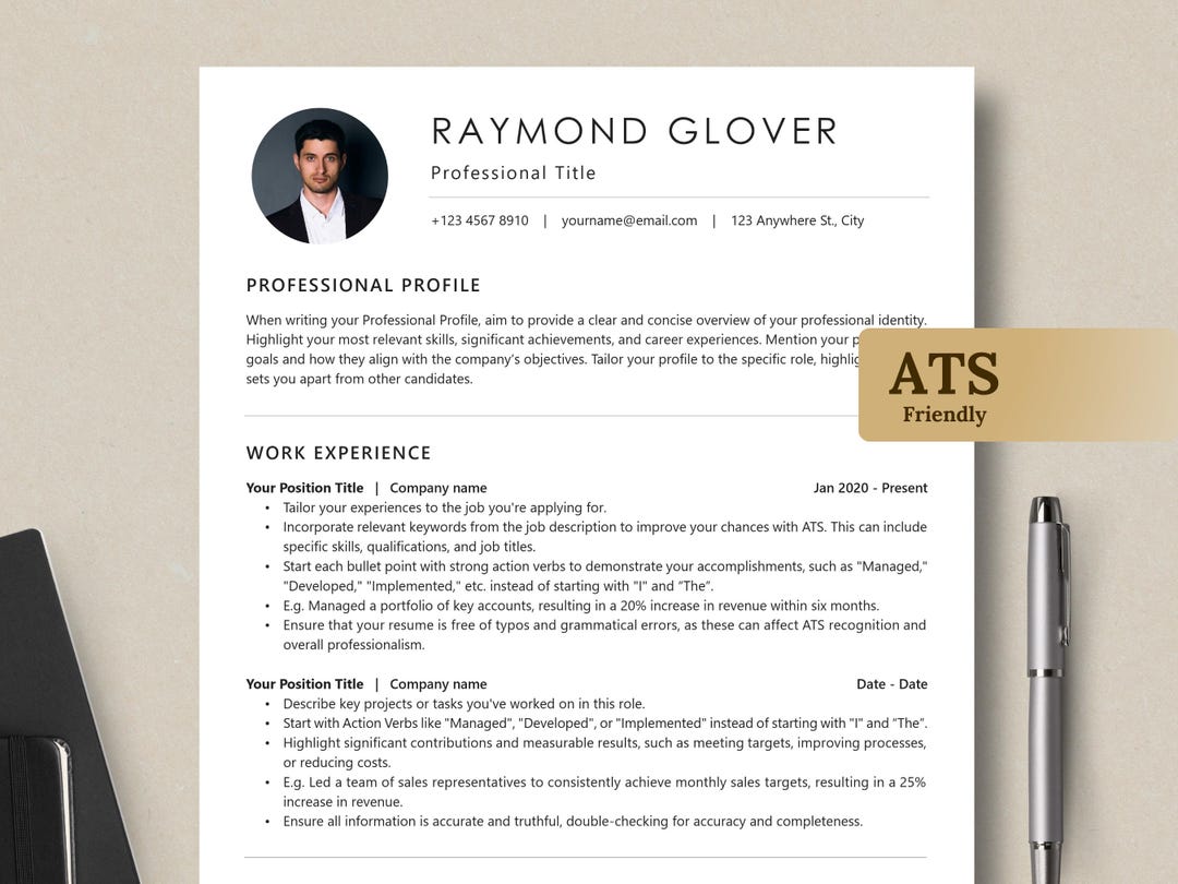 Clean ATS Resume Template With Photo, Minimalist CV Design (instant ...