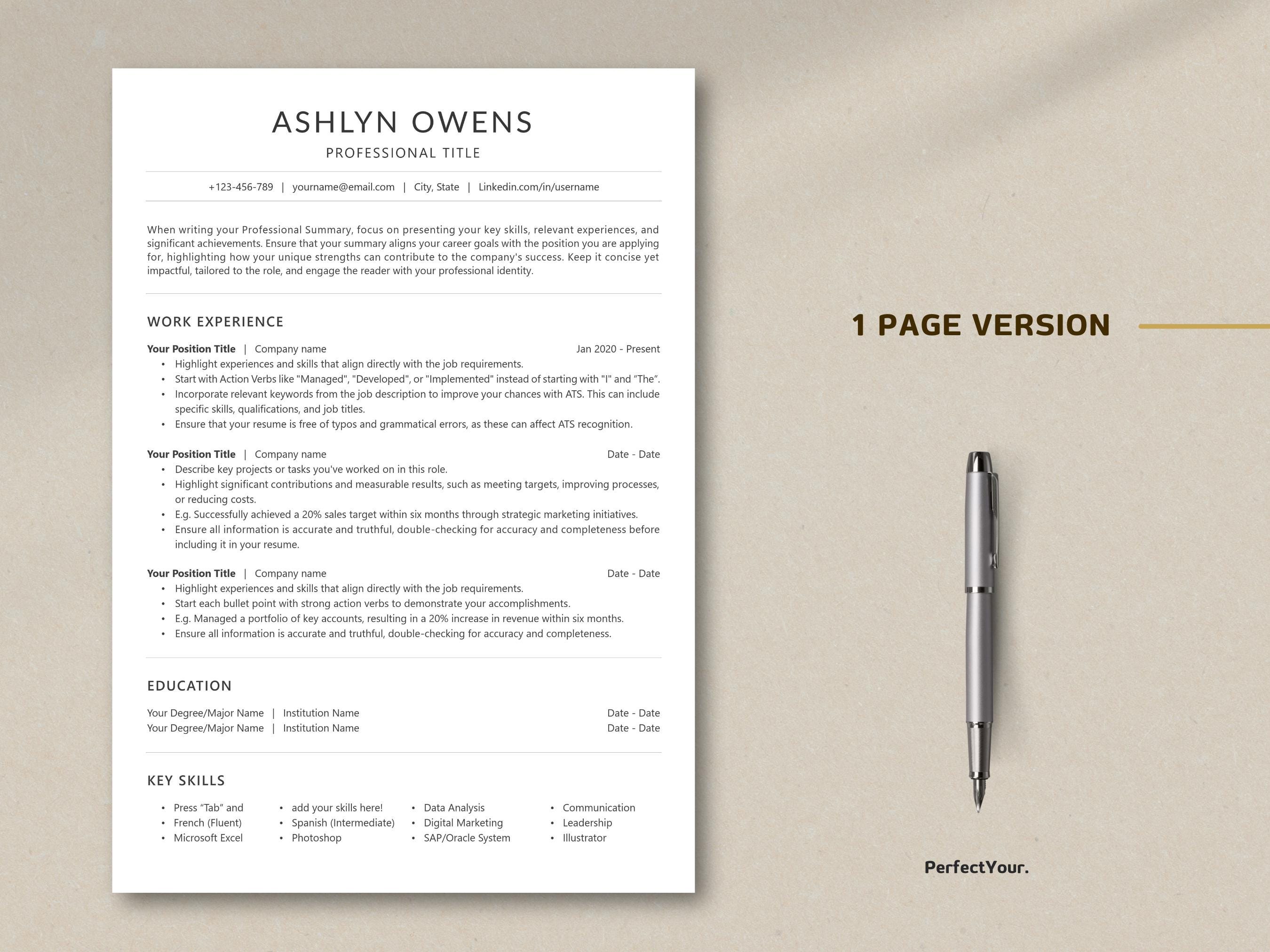 Minimalist Resume Template, ATS Friendly CV, Cover Letter (digital ...