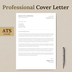 May include: A professional cover letter template with the text "Professional Cover Letter" at the top. The document includes a name, contact information, and a formal letter layout. A silver pen rests on the right side of the page. The words "ATS Friendly" are also visible.