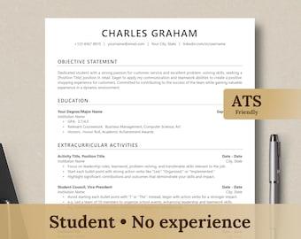 May include: A resume template designed for students with no work experience. The template features a simple, modern design with a black and white color scheme. The resume includes sections for objective statement, education, extracurricular activities, and experience. The text "ATS Friendly" is displayed in a brown box in the upper right corner of the page.
