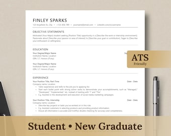 May include: A resume template for a student or recent graduate. The template includes sections for objective statements, education, experience, and extracurricular activities. The template is designed to be ATS-friendly, which means it is formatted in a way that is easily read by applicant tracking systems.