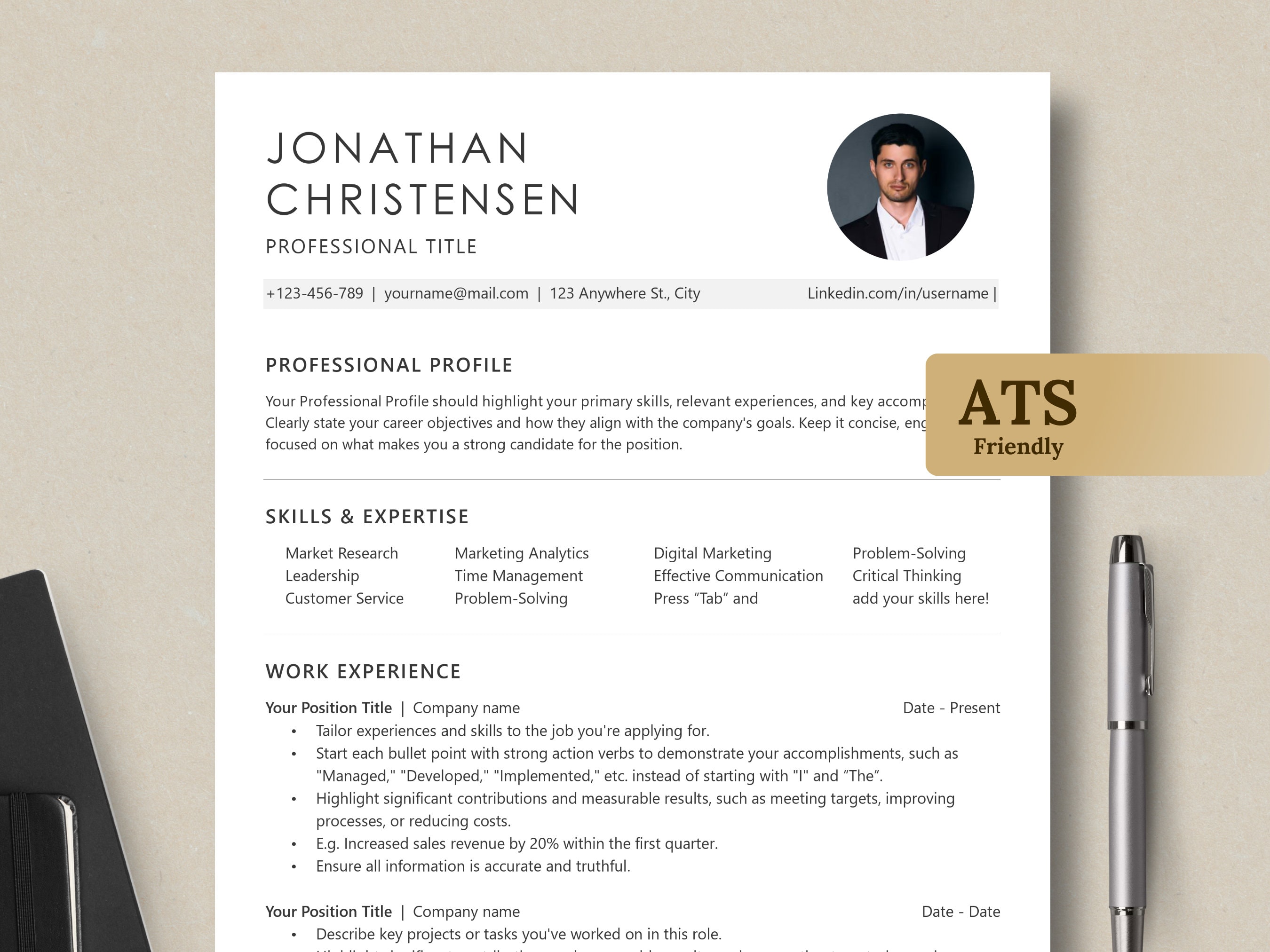 Professional ATS Resume Template With Photo ATS Friendly CV Templates