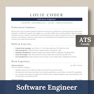 Könnte beinhalten: Eine Lebenslaufvorlage, die für Softwareentwickler konzipiert ist. Die Vorlage verfügt über ein blaues und weißes Farbschema mit einem professionellen und modernen Design. Der Lebenslauf enthält Abschnitte für eine berufliche Zusammenfassung, Fähigkeiten und Expertise, Berufserfahrung und Kernkompetenzen. Die Vorlage ist ATS-freundlich, d. h. sie ist so formatiert, dass sie von Bewerbermanagementsystemen leicht gelesen werden kann.