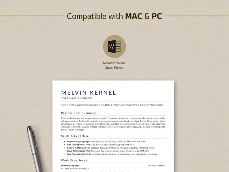 ATS Friendly Software Engineer Resume Template: Professional CV (word ...