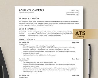 Może przedstawiać: Czarno-biały szablon CV z tytułem "Ashlyn Owens" u góry. CV zawiera sekcje dotyczące profilu zawodowego, umiejętności i doświadczenia oraz doświadczenia zawodowego. Szablon jest zaprojektowany tak, aby był przyjazny dla systemów ATS.