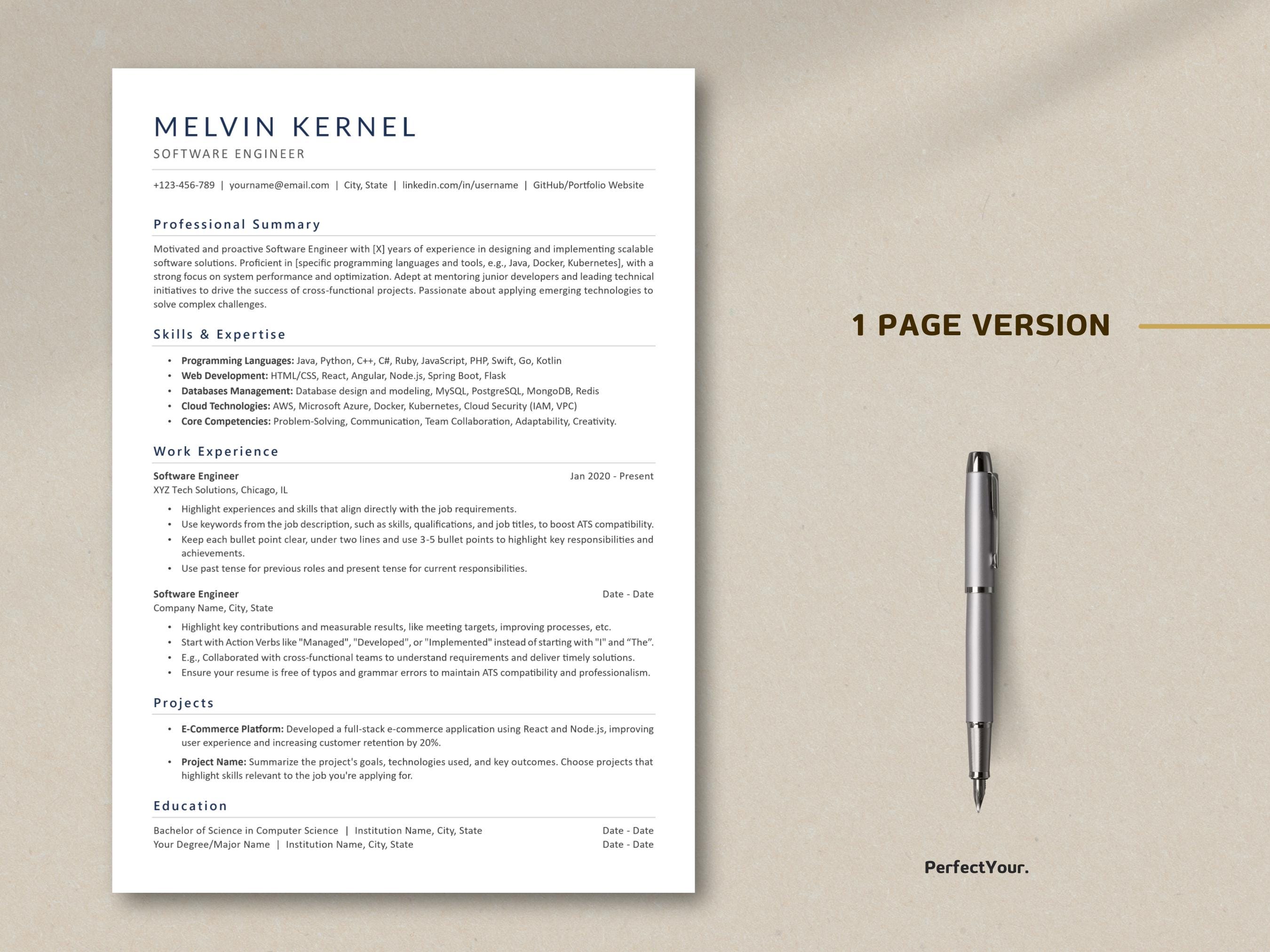 ATS Friendly Software Engineer Resume Template: Professional CV (word