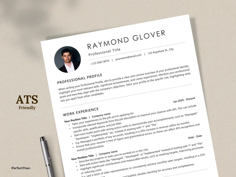 Clean ATS Resume Template With Photo, Minimalist CV Design (instant ...
