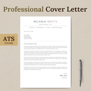 May include: A professional cover letter template with the text "Professional Cover Letter" at the top. The document includes a name, contact information, and a formal letter format. A pen rests on the right side of the page. The words "ATS Friendly" are visible.