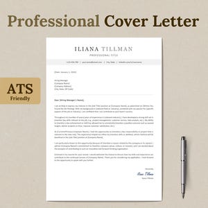 May include: A professional cover letter template with the heading "Professional Cover Letter" and the name "ILIANA TILLMAN" in a bold font. The cover letter is addressed to "Dear [Hiring Manager's Name]" and includes a salutation, "Sincerely," followed by the name "Iliana Tillman".