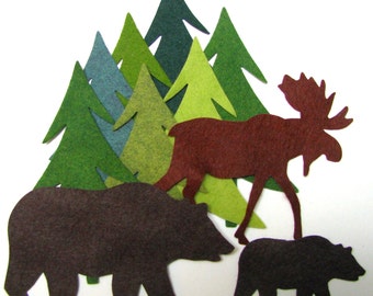 FELT NORTHWOODS SET appliques, wool blend felt, precision die cut, Sewing projects, Scrapbooking, trees, moose, bear and cub