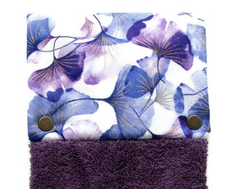 Snap top towel SPECIAL COLLECTION Plush hanging cotton hand towel Bathroom / kitchen, Embroidered border, Gingko Leaves on Violet