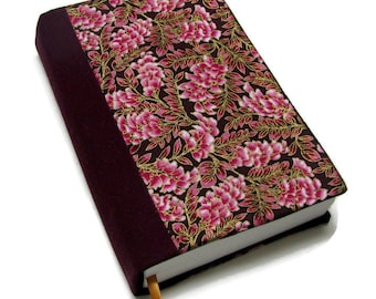 Book cover TRADE SIZE,  Contrast spine, large paperback,  book protector, cotton, padded cover, ribbon bookmark, Wisteria Burgundy