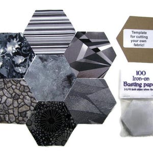 May include: A selection of hexagon-shaped fabric patches in monochrome patterns. Includes a template with text and a pack of 100 iron-on basting papers. The fabric pieces are for quilting or crafting projects.