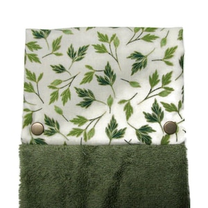 Leafy Hanging Hand Towel, Snap Top Cotton Plush, Embroidered Border