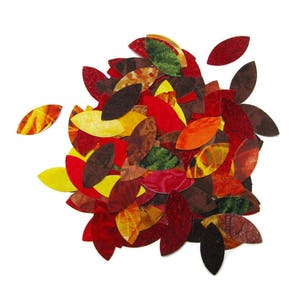 May include: A pile of colourful autumn leaves in various shades of red, orange, yellow, and brown. The leaves are arranged in a loose, organic pattern, creating a visually appealing autumnal display.
