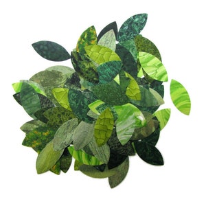 May include: A collection of green paper leaves, each with a unique pattern and texture. The leaves are arranged in a loose cluster, creating a natural and organic feel.
