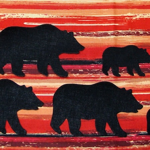 May include: Five black bear silhouettes of varying sizes are arranged on a red and brown striped background. The bears are all facing the right side of the image.