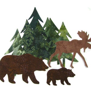 NORTHWOODS SET cotton appliques, diy, evergreens, bears, moose, assorted, TEMPORARILY Fused 100% premium cotton, forest, Precision die cut