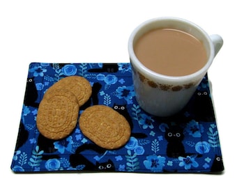 MUG RUG, Snack Mat, Padded and Quilted, Premium Quality cotton, Ideal Small Gift, Felines & Flowers